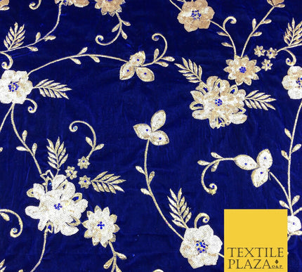 ROYAL BLUE Ornate Floral Sequin Stonework Embroidered Velvet Dress Fabric 1092