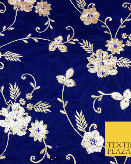 ROYAL BLUE Ornate Floral Sequin Stonework Embroidered Velvet Dress Fabric 1092