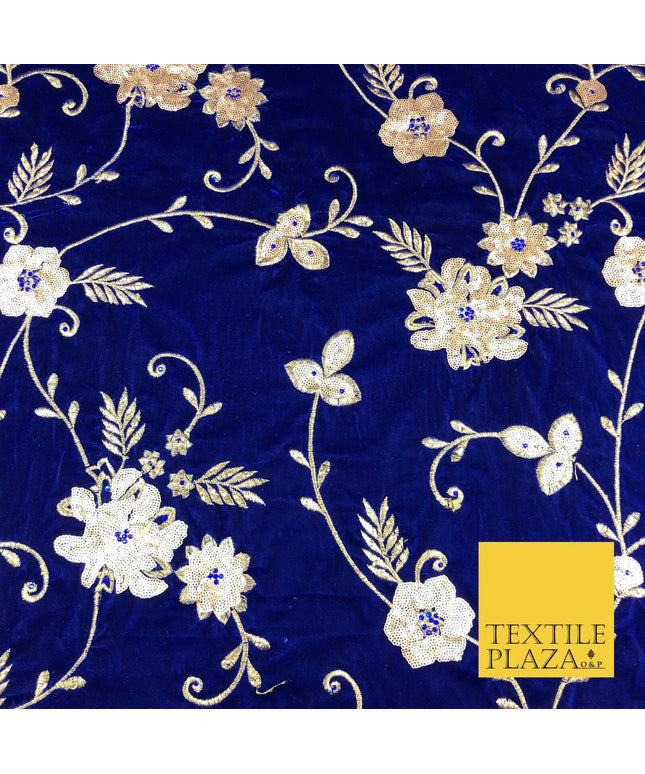 ROYAL BLUE Ornate Floral Sequin Stonework Embroidered Velvet Dress Fabric 1092