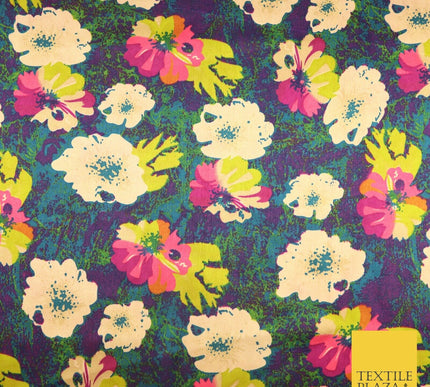 Watercolour Blue Purple Lime Fuchsia Floral Printed Charmeuse Satin Fabric 2941