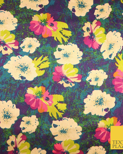 Watercolour Blue Purple Lime Fuchsia Floral Printed Charmeuse Satin Fabric 2941