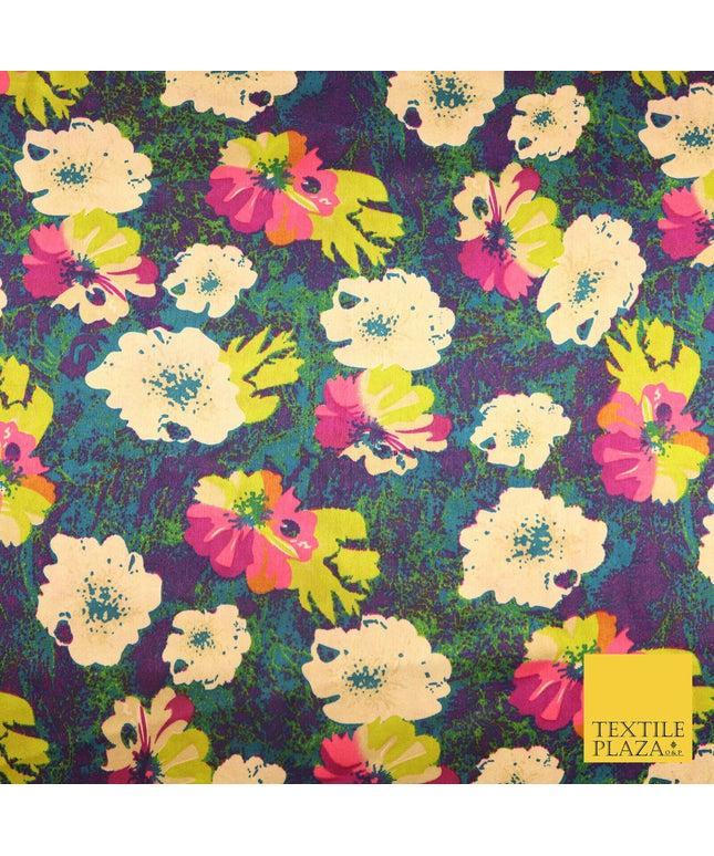 Watercolour Blue Purple Lime Fuchsia Floral Printed Charmeuse Satin Fabric 2941