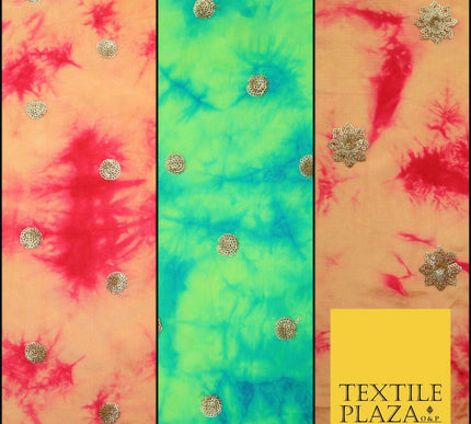 Genuine Tie Dye Two Colour Hand Print Faux Indian Silk Sequin Embroidery Fabric