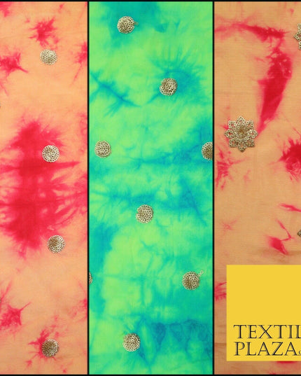 Genuine Tie Dye Two Colour Hand Print Faux Indian Silk Sequin Embroidery Fabric