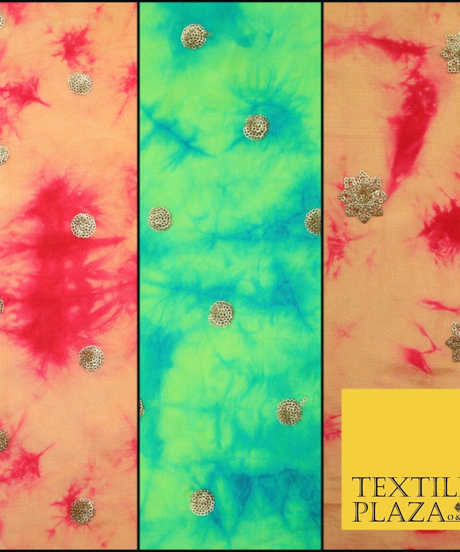 Genuine Tie Dye Two Colour Hand Print Faux Indian Silk Sequin Embroidery Fabric