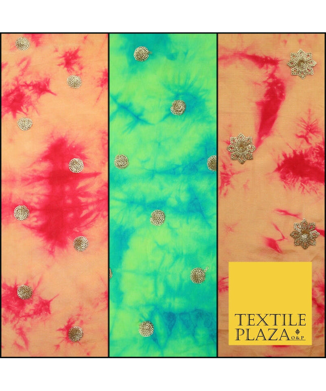 Genuine Tie Dye Two Colour Hand Print Faux Indian Silk Sequin Embroidery Fabric