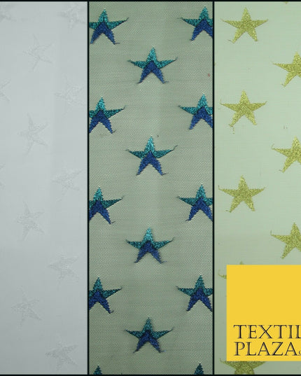 Gold Blue White Metallic 3cm Embroidered Star Mesh Net Fabric Sparkle DressCraft