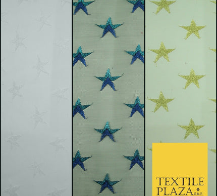 Gold Blue White Metallic 3cm Embroidered Star Mesh Net Fabric Sparkle DressCraft