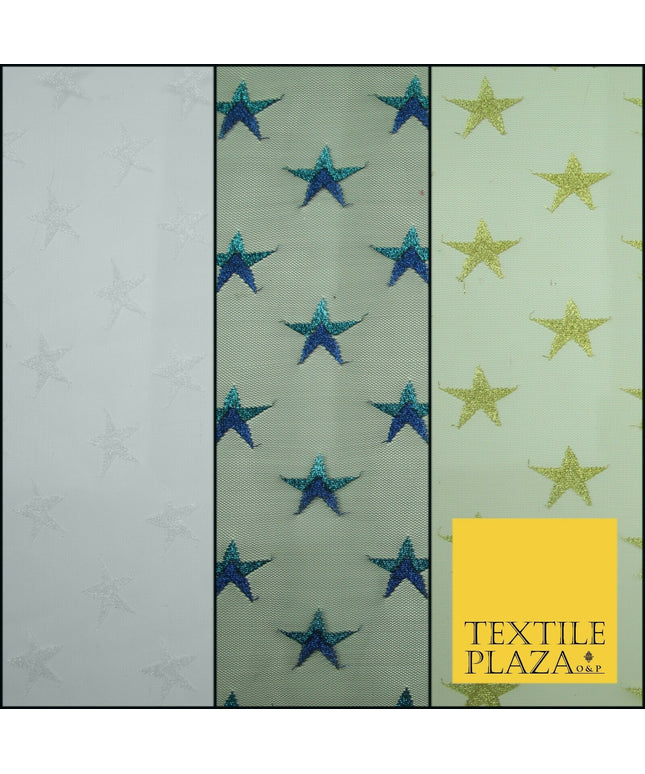 Gold Blue White Metallic 3cm Embroidered Star Mesh Net Fabric Sparkle DressCraft
