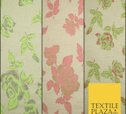 Beige Flo Green Pink Flower Textured Jacquard Floral Dress Fabric 59" Wide