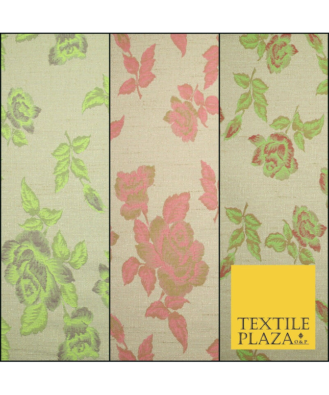 Beige Flo Green Pink Flower Textured Jacquard Floral Dress Fabric 59" Wide