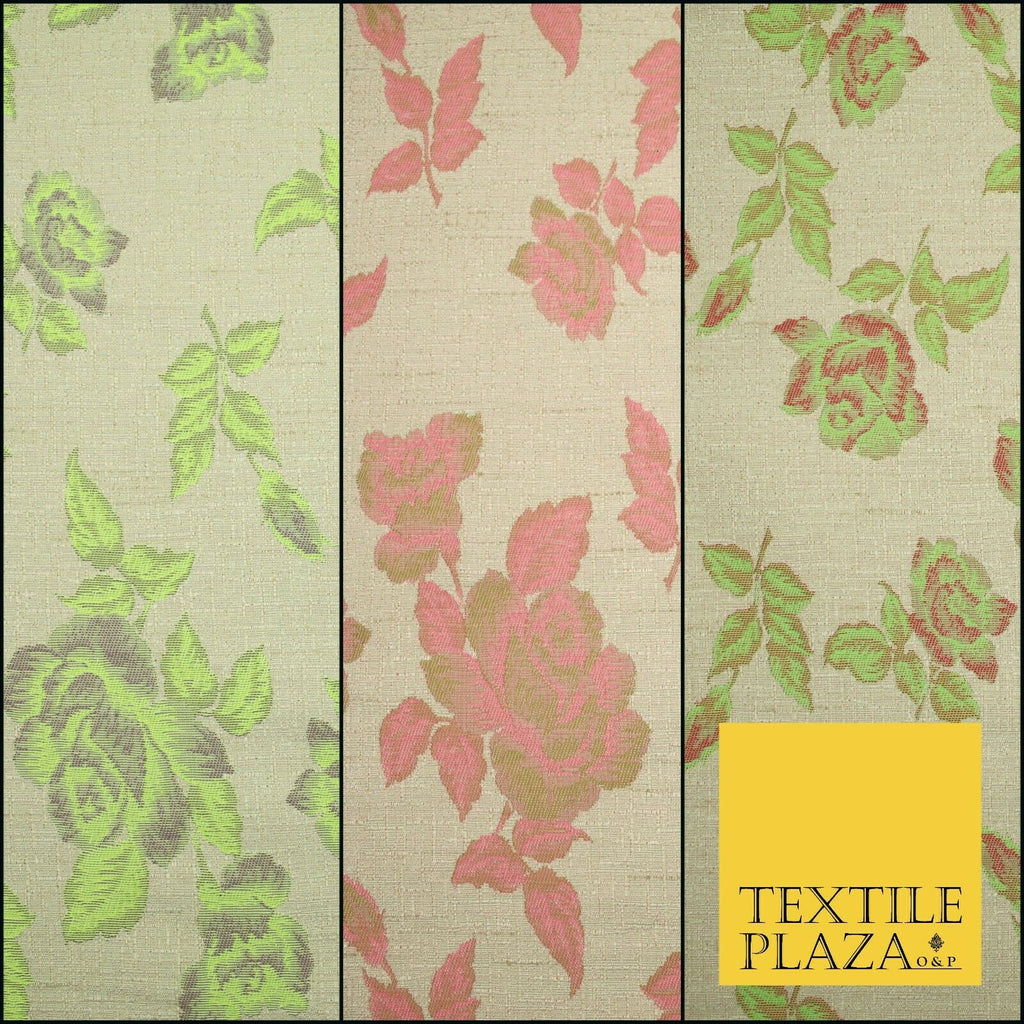 Beige Flo Green Pink Flower Textured Jacquard Floral Dress Fabric 59" Wide