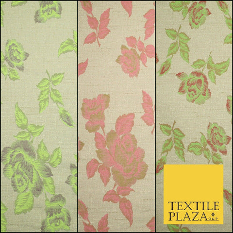 Beige Flo Green Pink Flower Textured Jacquard Floral Dress Fabric 59" Wide
