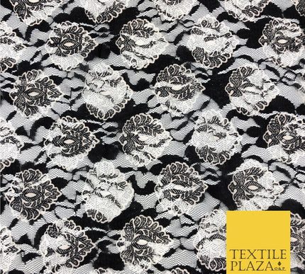 Fancy Motif Black White Ivory Net Lace Fabric Trendy Dress Fashion 45" GE814