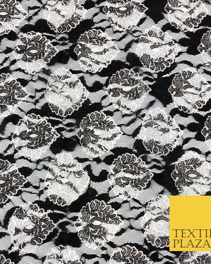 Fancy Motif Black White Ivory Net Lace Fabric Trendy Dress Fashion 45" GE814