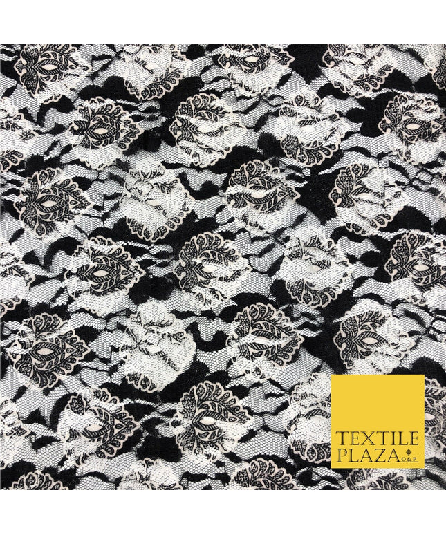 Fancy Motif Black White Ivory Net Lace Fabric Trendy Dress Fashion 45" GE814