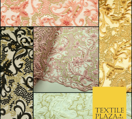 Luxury Embroidered Ornate Pearl Gold Speckle Net Dress Fabric Wedding Fancy