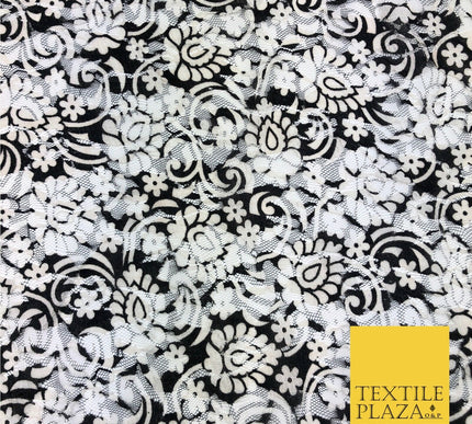 Ornate Flower Black White Ivory Net Lace Fabric Trendy Dress Fashion 45" GE812