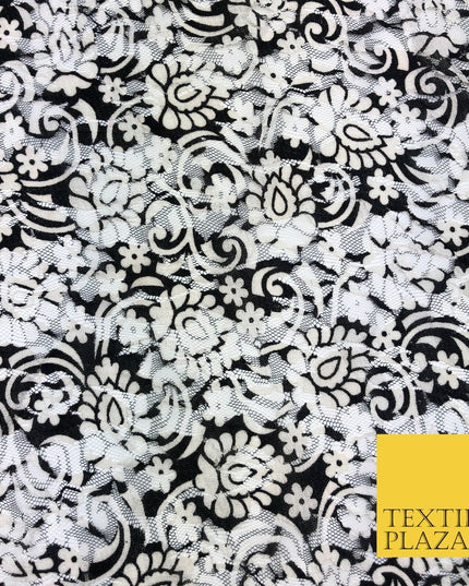 Ornate Flower Black White Ivory Net Lace Fabric Trendy Dress Fashion 45" GE812