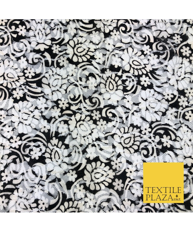 Ornate Flower Black White Ivory Net Lace Fabric Trendy Dress Fashion 45" GE812