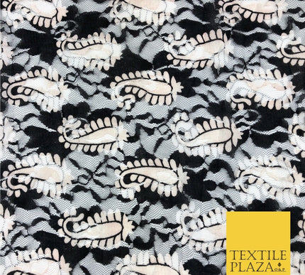 Fancy Paisley Webbed Black White Ivory Net Lace Fabric Trendy Dress 45" GE811
