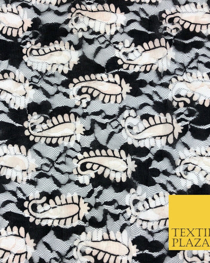 Fancy Paisley Webbed Black White Ivory Net Lace Fabric Trendy Dress 45" GE811