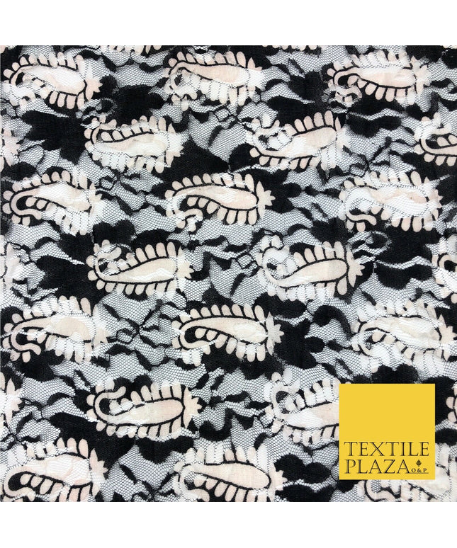 Fancy Paisley Webbed Black White Ivory Net Lace Fabric Trendy Dress 45" GE811