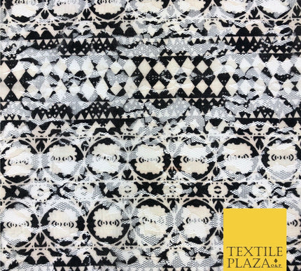Aztec Geometric Black White Ivory Net Lace Fabric Trendy Dress Fashion GE808