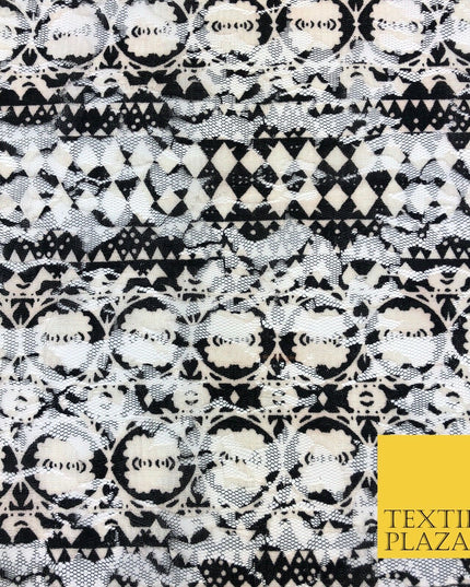 Aztec Geometric Black White Ivory Net Lace Fabric Trendy Dress Fashion GE808
