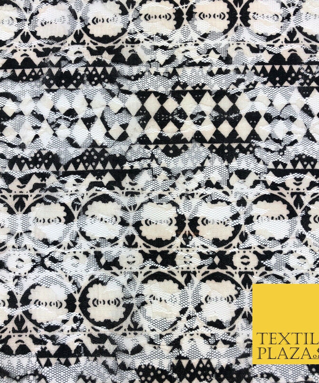 Aztec Geometric Black White Ivory Net Lace Fabric Trendy Dress Fashion GE808