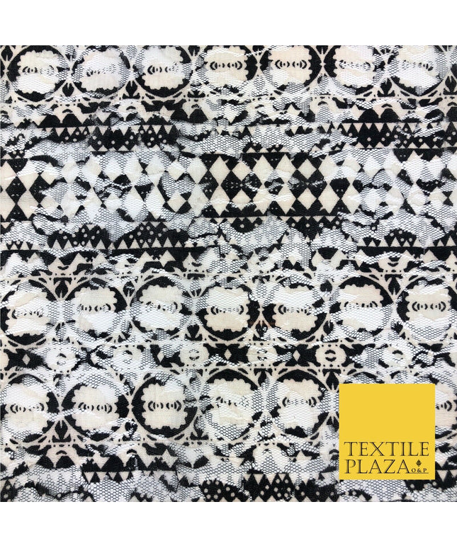 Aztec Geometric Black White Ivory Net Lace Fabric Trendy Dress Fashion GE808
