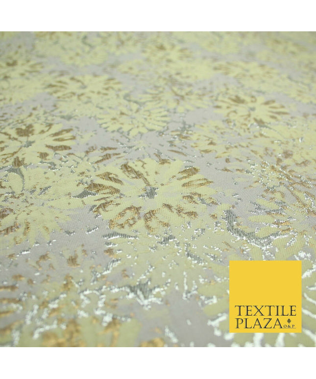 Tea Green Grey Petunia Floral Silver Metallic Brocade Jacquard Dress Fabric 1893