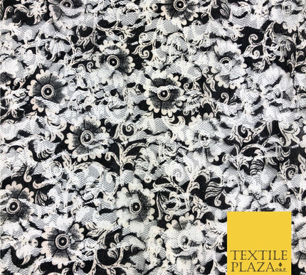 Floral Black White Ivory Net Lace Fabric Trendy Wacky Dress Fashion 45" GE806