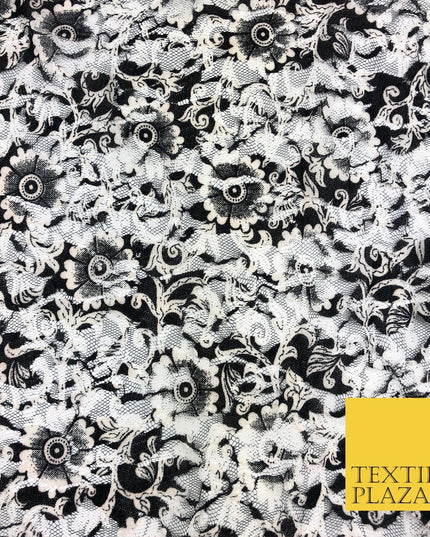 Floral Black White Ivory Net Lace Fabric Trendy Wacky Dress Fashion 45" GE806