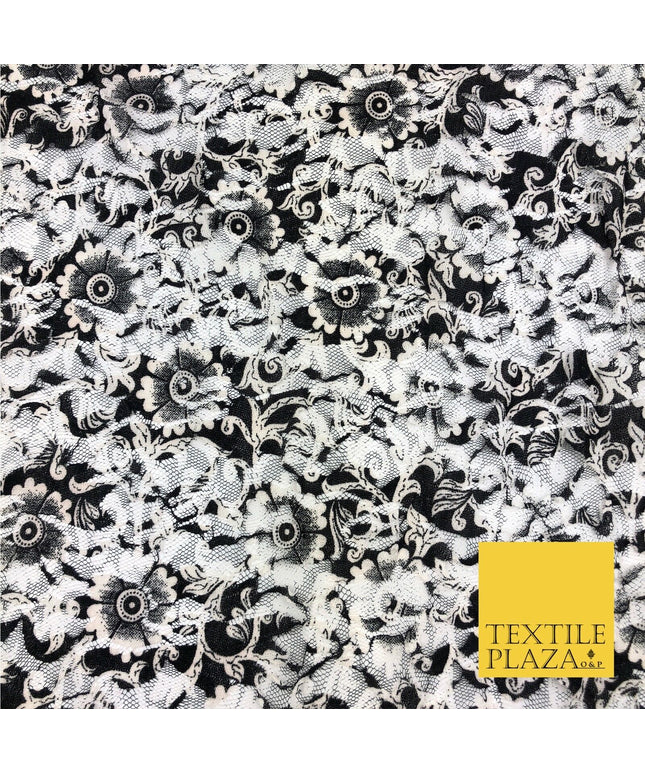 Floral Black White Ivory Net Lace Fabric Trendy Wacky Dress Fashion 45" GE806