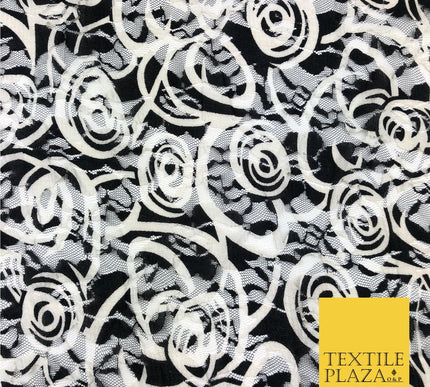 Swirl Black / White Net Lace Fabric Trendy Wacky Stylish Dress Fashion 45" GE803
