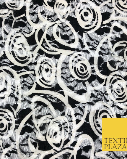 Swirl Black / White Net Lace Fabric Trendy Wacky Stylish Dress Fashion 45" GE803