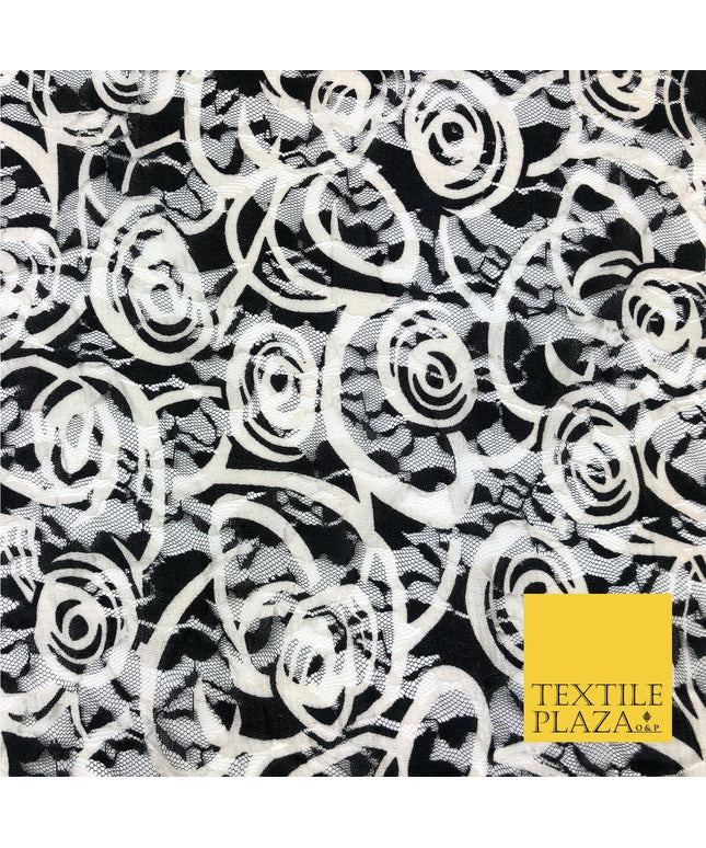 Swirl Black / White Net Lace Fabric Trendy Wacky Stylish Dress Fashion 45" GE803
