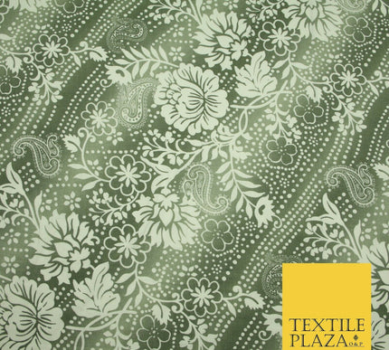 Grey White Shaded Floral Henna Dotted Paisleys Printed Cotton Linen Fabric 2204