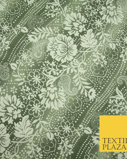 Grey White Shaded Floral Henna Dotted Paisleys Printed Cotton Linen Fabric 2204