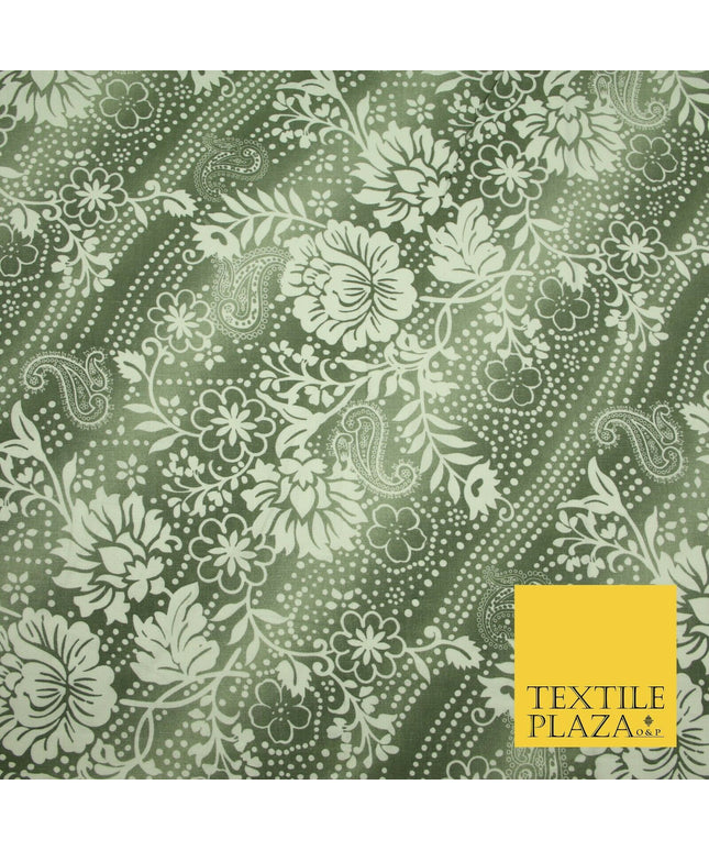 Grey White Shaded Floral Henna Dotted Paisleys Printed Cotton Linen Fabric 2204