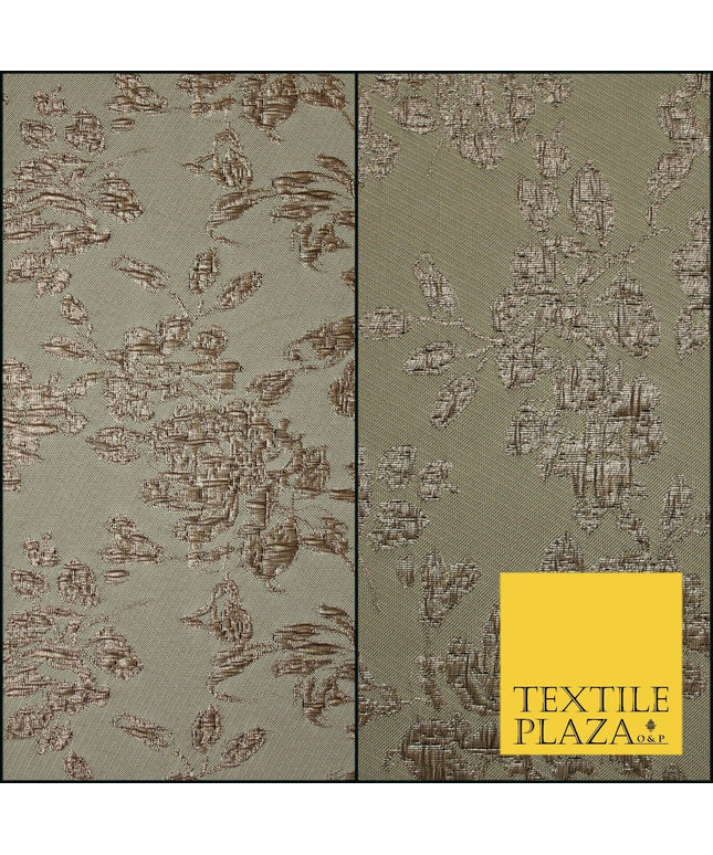 TAUPE BROWN Creased Metallic Rose Flowers Textured Brocade Jacquard Dress Fabric