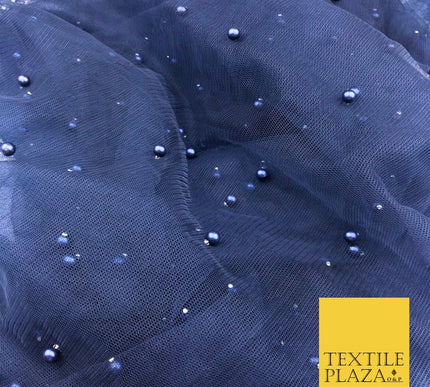 NAVY BLUE Studded Pearl Mesh Net Fabric Bridal Soft Sheer Craft Dress 929