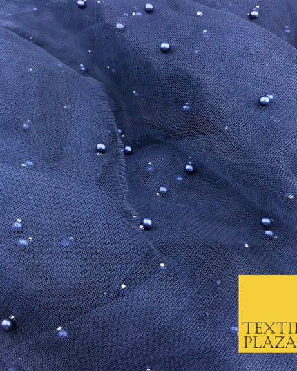 NAVY BLUE Studded Pearl Mesh Net Fabric Bridal Soft Sheer Craft Dress 929