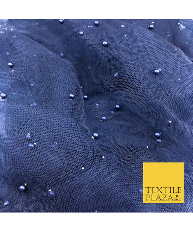 NAVY BLUE Studded Pearl Mesh Net Fabric Bridal Soft Sheer Craft Dress 929