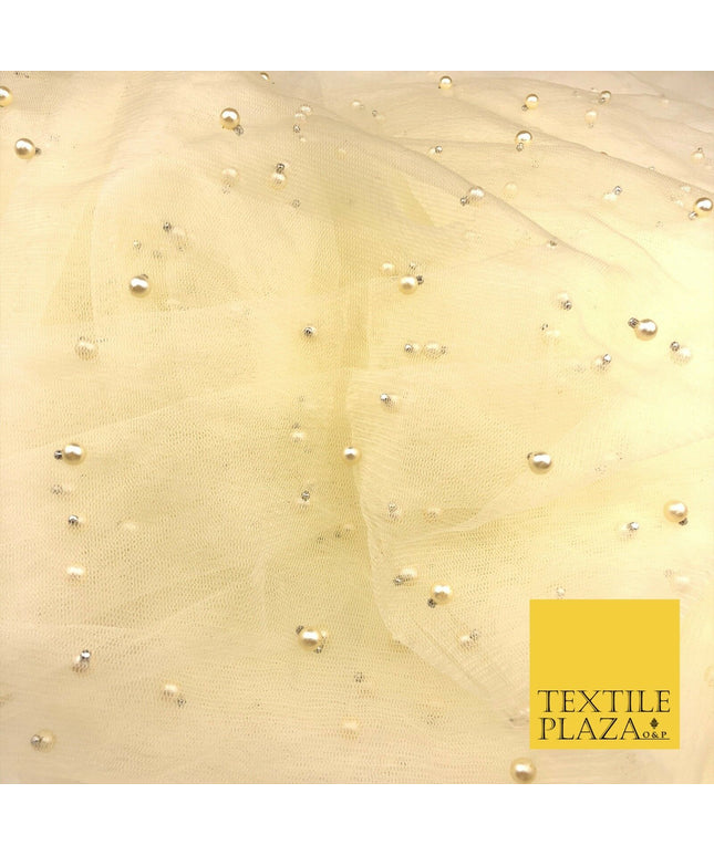 LEMON Studded Pearl Mesh Net Fabric Bridal Soft Sheer Craft Dress 928