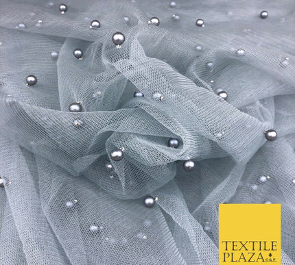 STEEL GREY Studded Pearl Mesh Net Fabric Bridal Soft Sheer Craft Dress 927