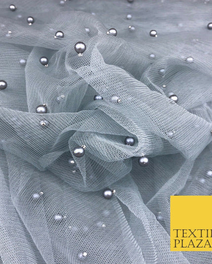 STEEL GREY Studded Pearl Mesh Net Fabric Bridal Soft Sheer Craft Dress 927