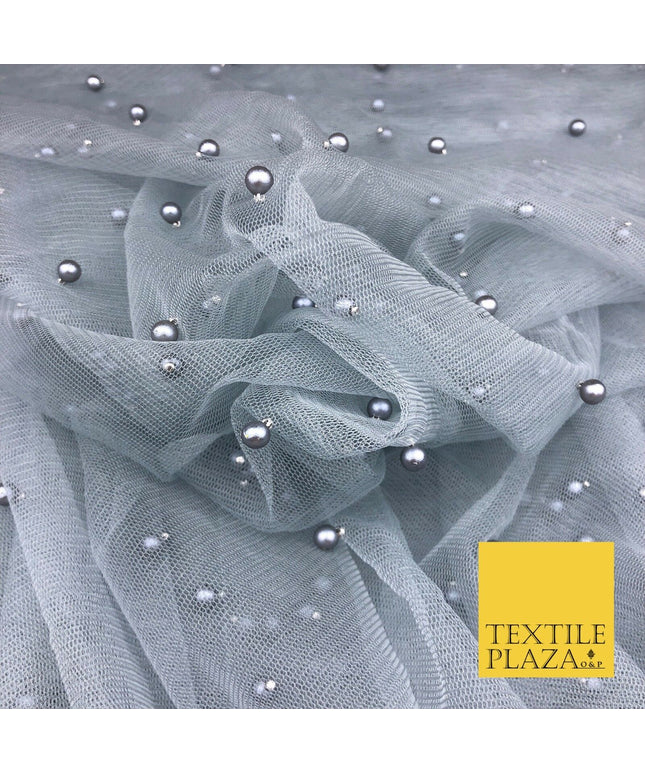 STEEL GREY Studded Pearl Mesh Net Fabric Bridal Soft Sheer Craft Dress 927
