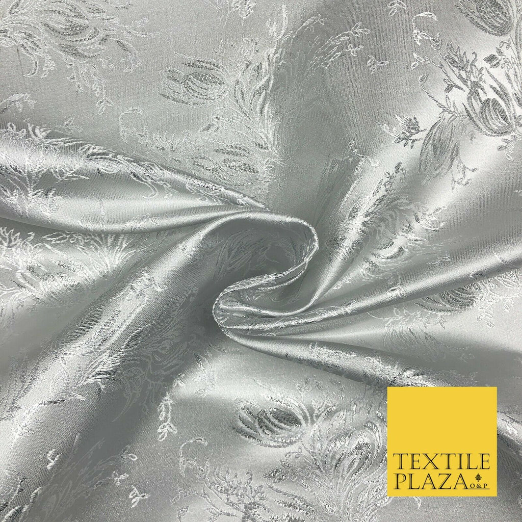 SILVER Feather Flowers Ornamental Brocade Dress Fabric Metallic Woven Fancy 1294